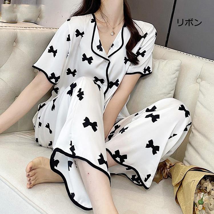 パジャマ ルームウェア レディース 春夏 半袖パジャマ 前開きルームウェア リボンレション ロング丈パンツ 上下セット 可愛いパジャマ 女性 部屋着 寝間き 快適 Y Fairyhouse 通販 Yahoo ショッピング