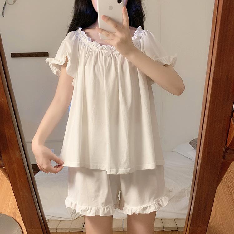 パジャマ ルームウェア レディース 春夏 半袖パジャマ レションルームウェア 白フレア ショット丈パンツ 上下セット 可愛いパジャマ 部屋着 寝間きゆったり 快適 Y Fairyhouse 通販 Yahoo ショッピング