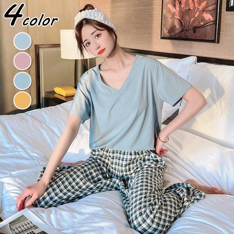 パジャマ ルームウェア レディース 春夏 半袖 パジャマ ルームウェア チェック柄 ロング丈ワイドパンツ上下セット 可愛いパジャマ 部屋着 大きいサイズ 快適 Y Fairyhouse 通販 Yahoo ショッピング