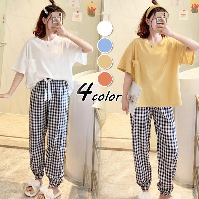 パジャマ ルームウェア レディース 春夏 半袖 パジャマ 綿ルームウェア チェック柄 大きいサイズ ロングパンツ上下セット 可愛い パジャマ 女性 部屋着 寝間き Y Fairyhouse 通販 Yahoo ショッピング