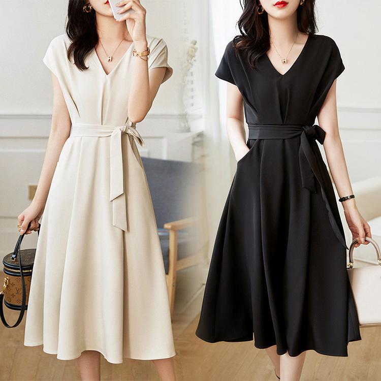 が大特価 ワンピース レディース 40代 きれいめ マキシワンピース 春夏 半袖ワンピース 黒 白 Vネック リボン Aラインスカート オシャレ大人 ゆったり 通勤ol シンプル