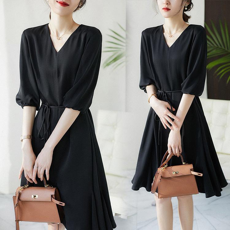 ワンピース レディース 40代 きれいめ 膝丈ワンピース 夏 五分袖ワンピース Vネック 黒シフォン パフスリーブ Aラインスカート オシャレ大人 ゆったり 30代 Y Fairyhouse 通販 Yahoo ショッピング