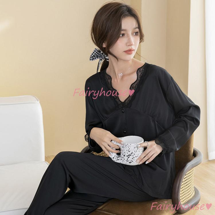 パジャマ ルームウェア レディース 秋 長袖パジャマ 前開きルームウェア レースvネック ロングパンツ上下セット レションパジャマ 部屋着 大人可愛い 快適 Y Fairyhouse 通販 Yahoo ショッピング