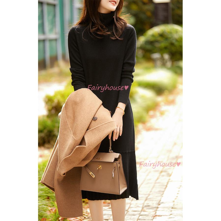 ニットワンピース レディース 40代 秋冬 長袖ワンピース 黒 ハイネックセータースカート 膝丈 ニットインナー 大人上品 オシャレ韓国風 ゆったり 30代 50代 Y2100 Fairyhouse 通販 Yahoo ショッピング