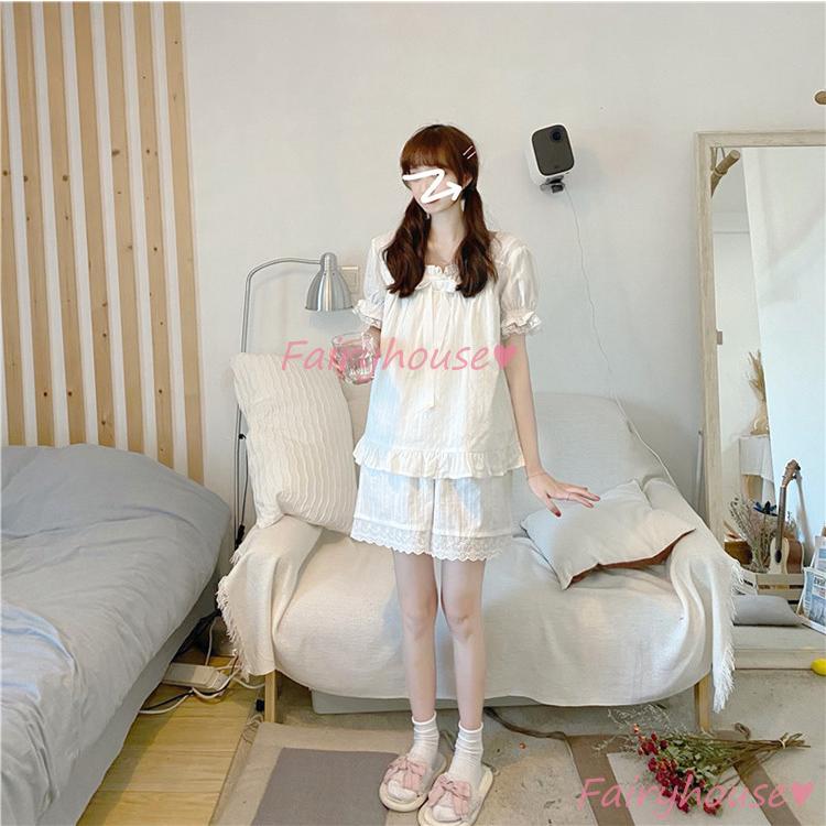 パジャマ ルームウェア レディース 夏 半袖パジャマ 可愛いルームウェア 白レースフレア ショット丈パンツ上下セット ネグリジェ ワンピース お姫様 部屋着 大人 Y2327 Fairyhouse 通販 Yahoo ショッピング