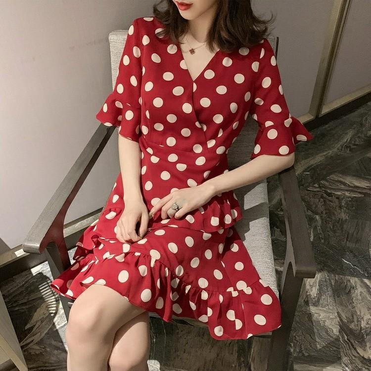 ワンピース レディース 夏 膝丈ワンピース ベルスリーブ ドット シフォン 半袖 Vネック お呼ばれドレス Aラインワンピース 着痩せ オシャレ 2色 Y Fairyhouse 通販 Yahoo ショッピング