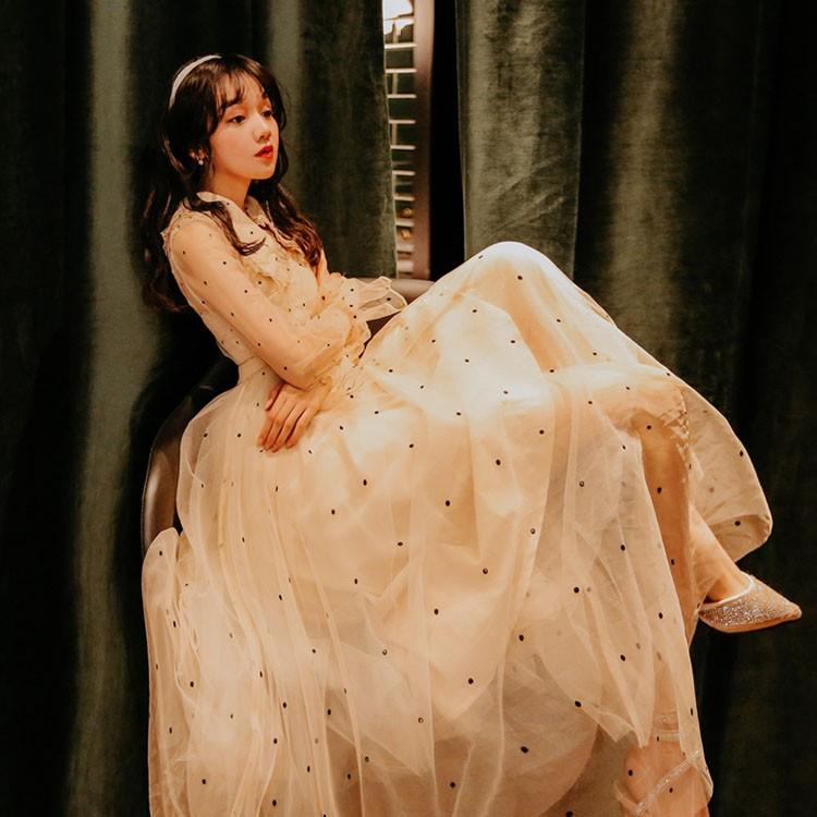 ワンピース レディース 春夏 ロング丈ワンピース きれいめ 長袖 通勤 韓国風 チュールワンピース オシャレ 可愛い ドットワンピース 上品 着痩せ Y Fairyhouse 通販 Yahoo ショッピング