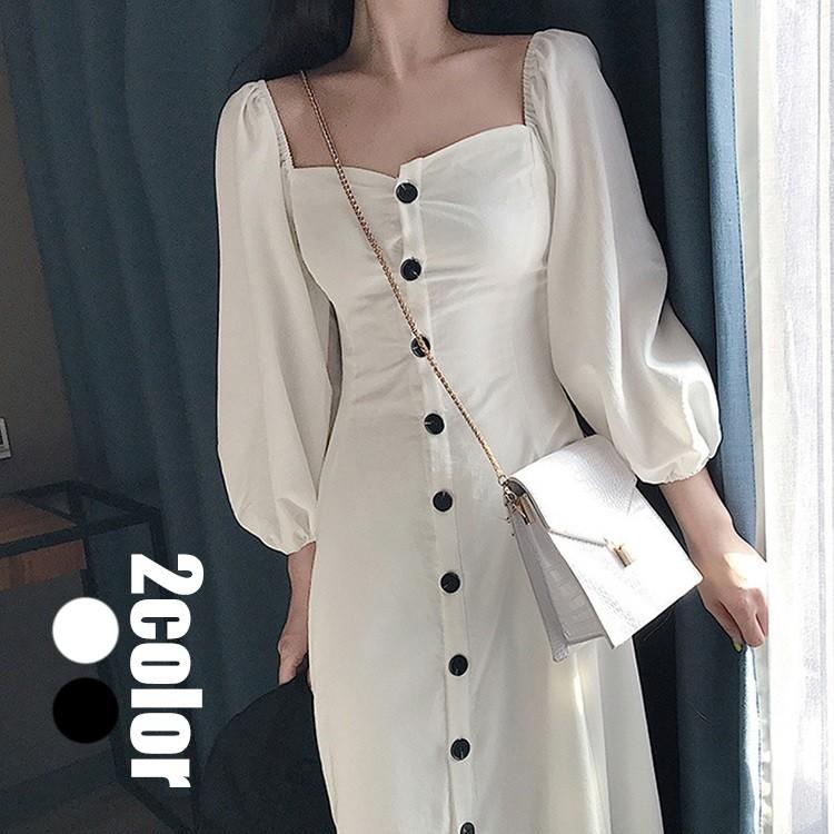 ワンピース レディース 春秋 オシャレ ロング丈ワンピース パフスリーブ パーティー 二次会 発表会 ゆったり きれいめ Uネック セクシー 2色 Y Fairyhouse 通販 Yahoo ショッピング