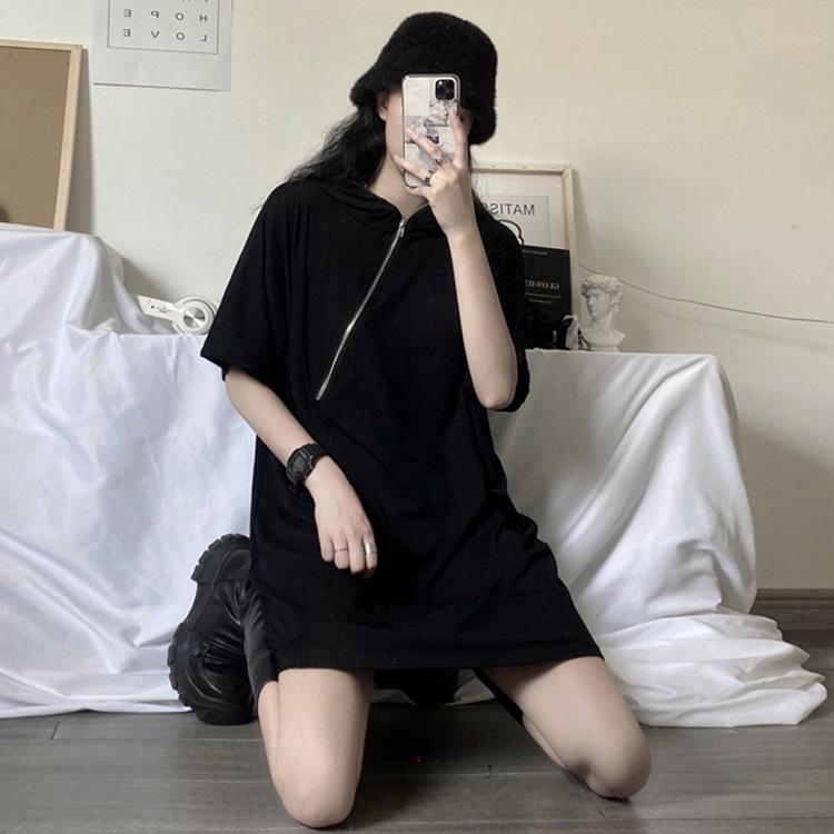 ワンピース レディース 夏 40代 ショート パーカー 帽付 シャツワンピース きれいめ 半袖 ロング丈tシャツ オシャレ 黒 韓国風 カジュアル ゆったり Y4916 Fairyhouse 通販 Yahoo ショッピング