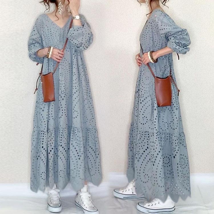 ワンピース レースワンピース Vネック 無地 スリット マキシワンピース 透かし彫りワンピース 秋 ロングワンピース 通勤 韓国風 Y Fairyhouse 通販 Yahoo ショッピング