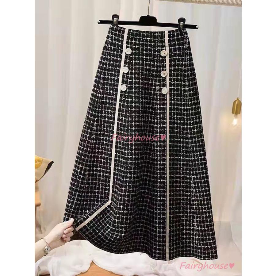 ニットスカート ロング 秋冬 チェック スカート 黒 Aライン スカート コーデ 40代 30代 ニットスカート ハイウェスト ボトムス 着痩せ 通勤 4色 Y5541 Fairyhouse 通販 Yahoo ショッピング