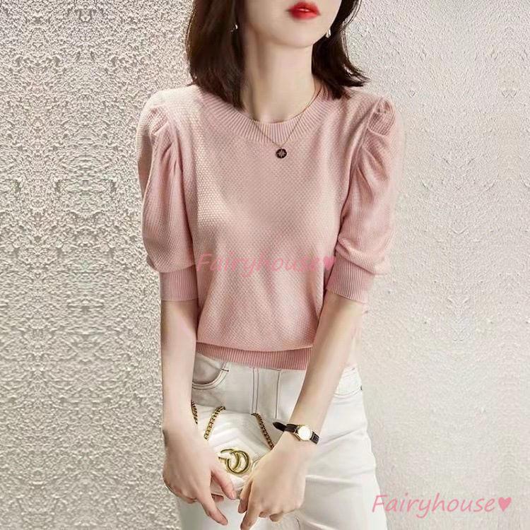 ニットtシャツ トップス レディース きれいめ 40代 春夏 パフスリーブ トップス 無地 オシャレ ブラウス Tシャツ 韓国風 通勤 着痩せ 30代 50代 Y Fairyhouse 通販 Yahoo ショッピング