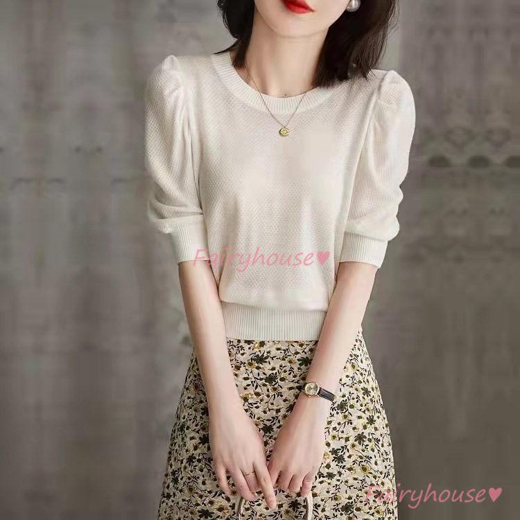 ニットtシャツ トップス レディース きれいめ 40代 春夏 パフスリーブ トップス 無地 オシャレ ブラウス Tシャツ 韓国風 通勤 着痩せ 30代 50代 Y Fairyhouse 通販 Yahoo ショッピング