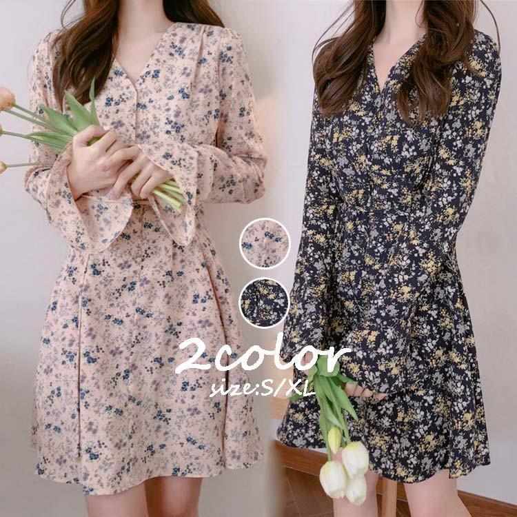 ワンピース レディース 40代 きれいめ 花柄ワンピース 膝丈ワンピース シフォンワンピース 長袖 Vネック韓国風 春秋 オシャレ 新作 二次会 通勤 お出かけ Y6393 Fairyhouse 通販 Yahoo ショッピング