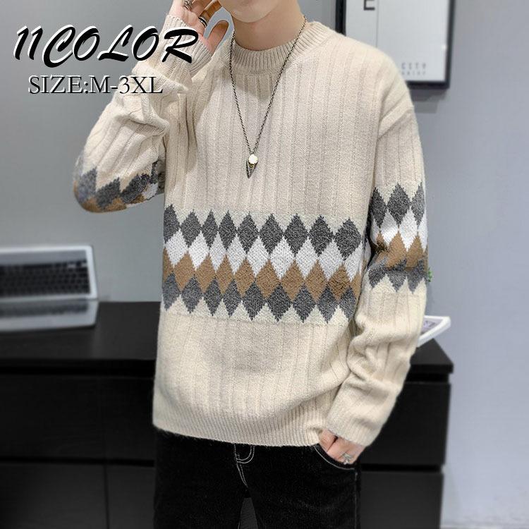 ニット セーター メンズ クルーネック メンズニットトップス 通勤 ビジネス ニットソー スリム 長袖 インナーニット 幾何柄セーター 秋服 韓国 ファッション Y Fairyhouse 通販 Yahoo ショッピング