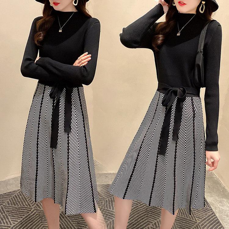 ニットワンピース レディース 40代 秋冬 長袖ワンピース 膝丈 配色ワンピース Aライン 大きいサイズ きれいめ 厚手 上品 オシャレ 通勤 着痩せ 30代50代 Y62 Fairyhouse 通販 Yahoo ショッピング