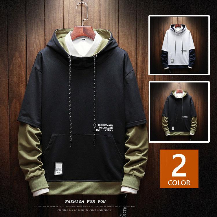 スウェットパーカー メンズ 長袖 配色パーカー 春服 春秋 プルオーバーパーカー フェイクレイヤード 人気 通学 通勤 カッコイイ オシャレカジュアルトップス Y Fairyhouse 通販 Yahoo ショッピング
