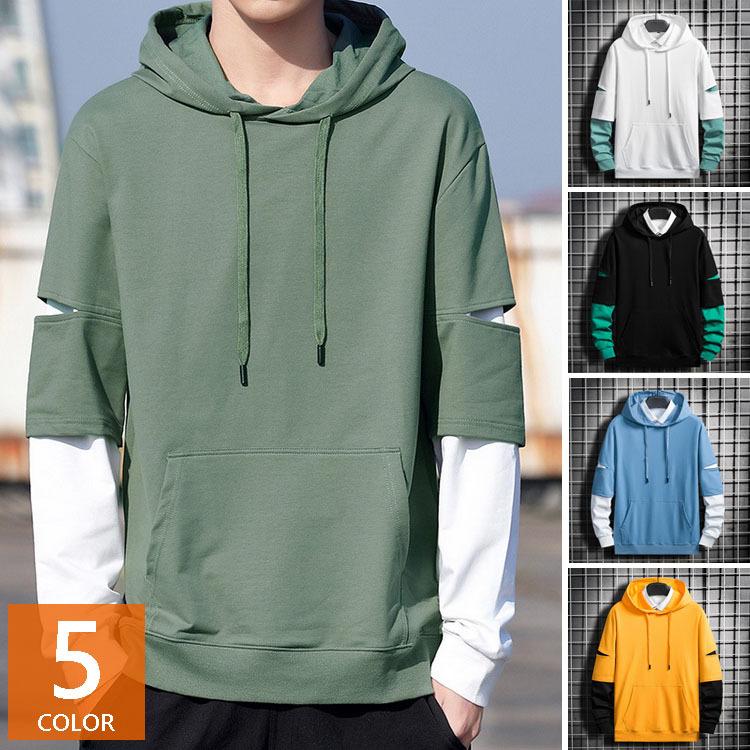 スウェットパーカー メンズ 長袖 配色パーカー 春服 春秋 プルオーバーパーカー フェイクレイヤード 人気 通学 通勤 カッコイイ オシャレカジュアルトップス Y Fairyhouse 通販 Yahoo ショッピング