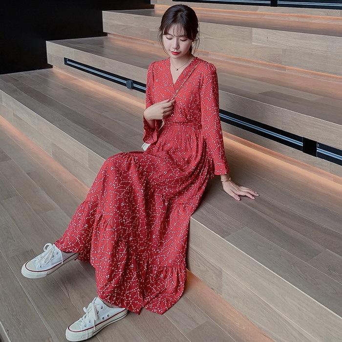 ワンピース レディース 40代マキシワンピース 春秋 長袖ワンピース Vネック シフォンワンピース 花柄 フレアスカート オシャレ 結婚式 お出かけ 大人 30代50代 Y Fairyhouse 通販 Yahoo ショッピング