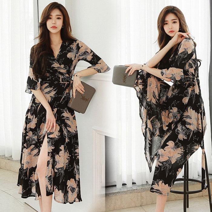 ワンピース レディース 40代 マキシワンピース 春夏秋 五分袖ワンピース ベルスリーブ Vネック きれいめ 花柄シフォンスカート オシャレ 結婚式 お出かけ 大人 Y Fairyhouse 通販 Yahoo ショッピング