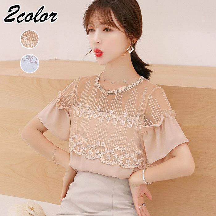 ブラウス レディース きれいめ 40代 春夏 オシャレブラウス 半袖ブラウス 白シフォンブラウス 切り替えレース 韓国風トップス 大人 通勤 ゆったり 30代 50代 Y Fairyhouse 通販 Yahoo ショッピング
