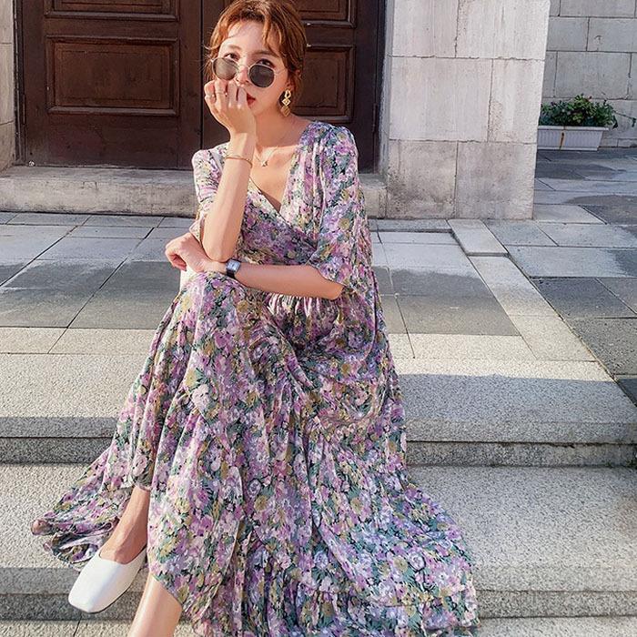 ワンピース レディース 40代 夏 キレイめ マキシ丈ワンピース 半袖 シフォンワンピ Vネック ロング丈 花柄フレアスカート ゆったり 上品 オシャレ通勤 着痩せ Y Fairyhouse 通販 Yahoo ショッピング