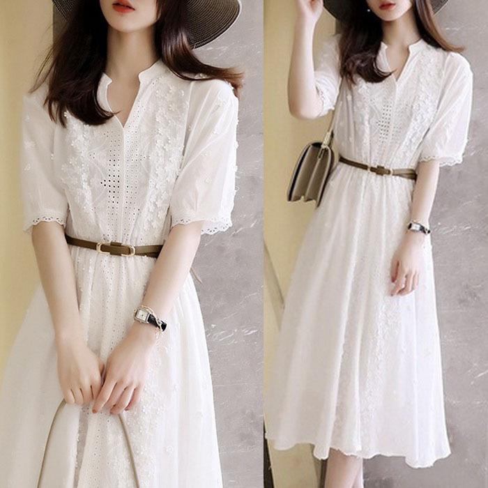 シャツワンピース レディース 40代 きれいめ 膝丈ワンピース 春夏新作 半袖ワンピース Vネック 花刺繍 白ワンピース ゆったり オシャレ通勤 Ol 上品 着痩せ Y Fairyhouse 通販 Yahoo ショッピング