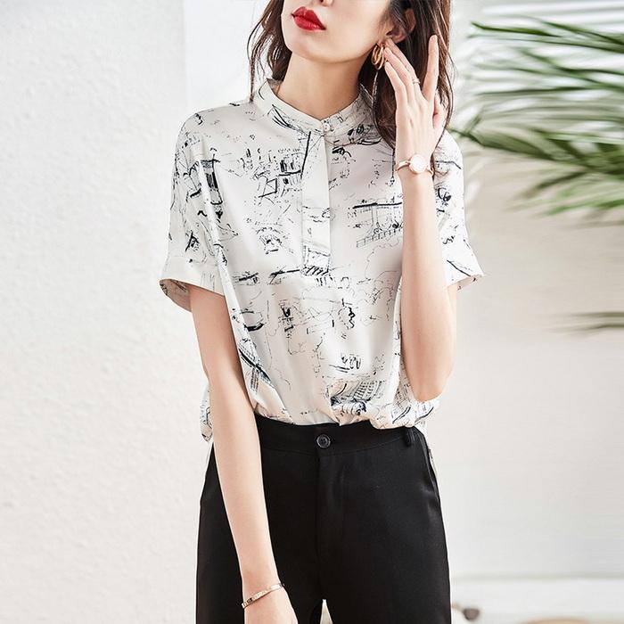ブラウス レディース 40代 春夏新作 オシャレブラウス シフォンブラウス白 おしゃれプリントシャツ 上品 韓国風 半袖トップス 予約 通勤 ゆったりシャツ 30代50代