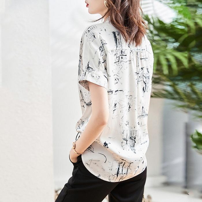 ブラウス レディース 40代 春夏新作 オシャレブラウス シフォンブラウス白 おしゃれプリントシャツ 上品 韓国風 半袖トップス 予約 通勤 ゆったりシャツ 30代50代