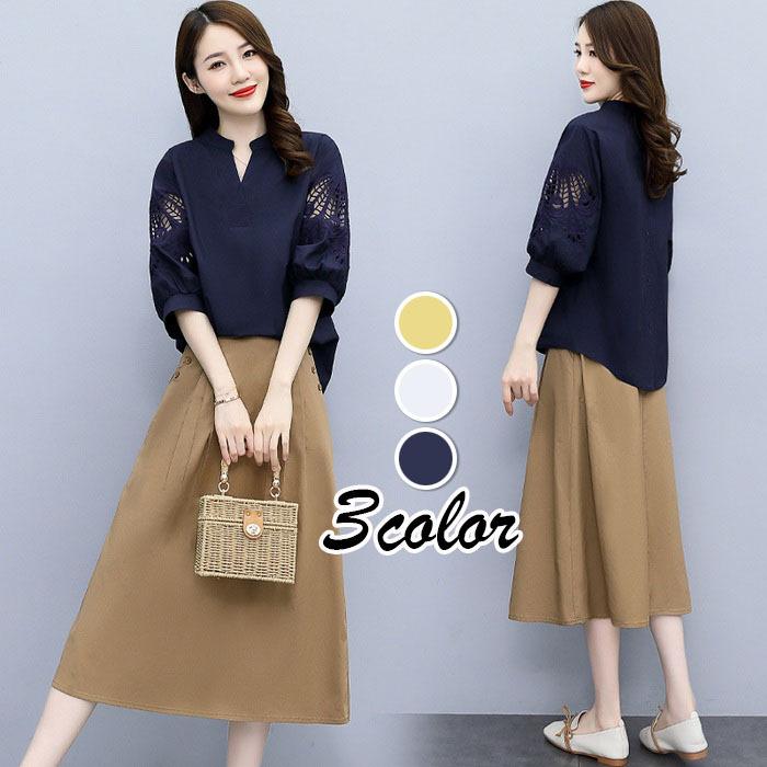 セットアップ レディース 40代 春夏 通勤セットアップ リネン 半袖ブラウス白 パフスリーブ ロング丈aラインスカート オシャレ 韓国風上下セット カジュアル Y Fairyhouse 通販 Yahoo ショッピング
