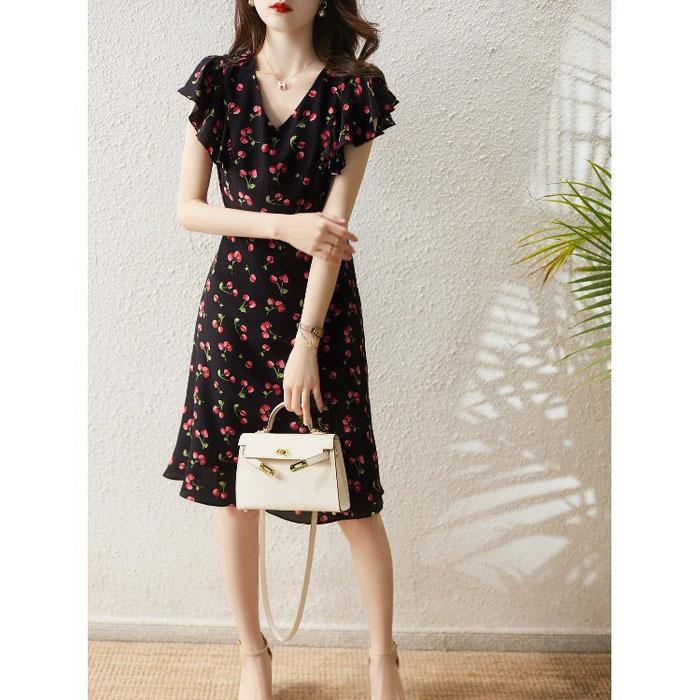 ワンピース レディース 40代 膝丈ワンピース 春夏 半袖ワンピース Vネック きれいめ チェリー柄 シフォンフレアスカート 韓国風 オシャレ通勤 大人上品 30代 Y Fairyhouse 通販 Yahoo ショッピング