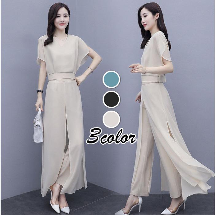 新着商品 セットアップ レディース 40代 春夏 オシャレセットアップ 半袖ブラウス ワイドパンツ シフォン上下セット 韓国風セットアップ 通勤 30代 50代 大きいサイズ Recomenda Co