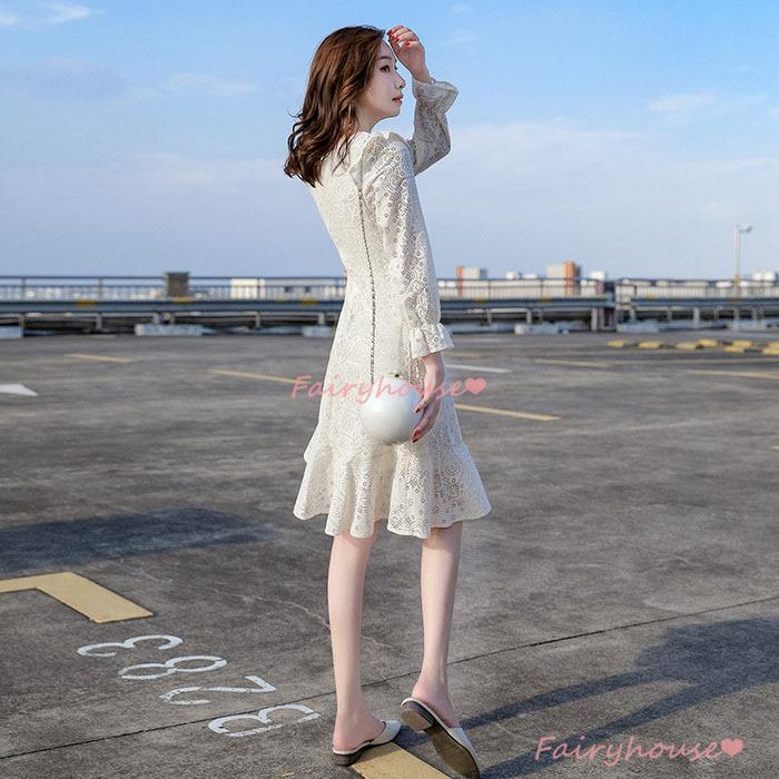 レースワンピース レディース 40代 秋冬 長袖ワンピース 白レース透かし彫り 膝丈ワンピース フレアスカート オシャレ通勤 大人 上品 30代 50代 パーティー Y Fairyhouse 通販 Yahoo ショッピング