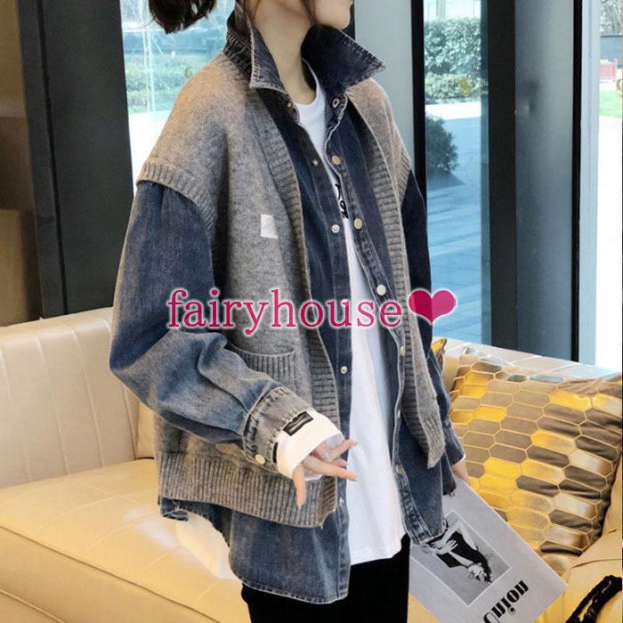 デニムジャケット レディース ニットカーディガン 秋冬 長袖コーディガン 切り替えニットベスト デニムコート 春秋 オシャレデニムコート アウター 30代40代 Y Fairyhouse 通販 Yahoo ショッピング