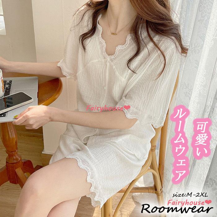 パジャマ ルームウェア レディース 夏 半袖 パジャマ 前開き 綿ルームウェア レースvネック ショットパンツ上下セット ゆったり 女性 部屋着 オシャレ韓国風 Y Fairyhouse 通販 Yahoo ショッピング