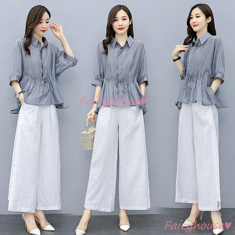 セットアップ レディース 40代 春夏 五分袖セットアップ通勤 無地ブラウス ワイドパンツパンツ リネンセットアップ オシャレ 韓国風 ゆったり 着痩せ 大人 50代 Y Fairyhouse 通販 Yahoo ショッピング