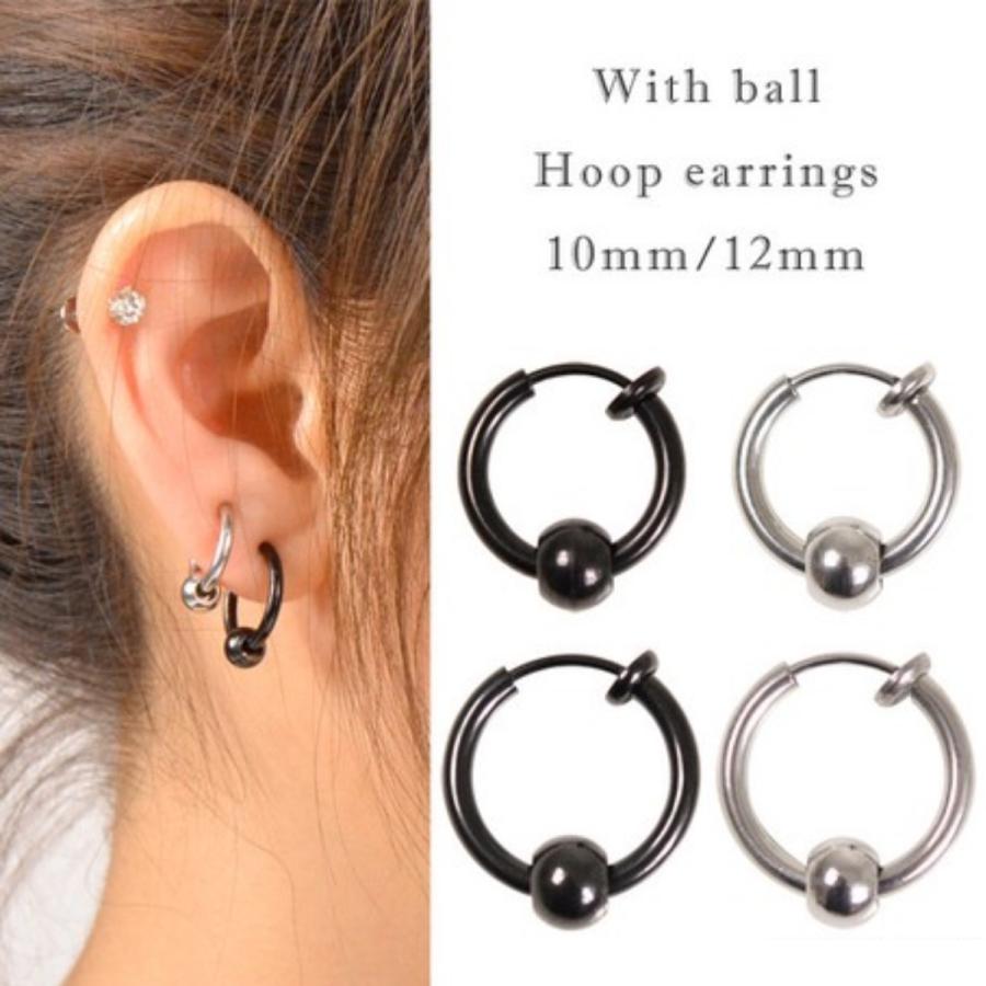 ボール付きフープイヤリング ダンスアクセ ダンス ノンホールピアス 片耳 ユニセックス ブラック シルバー | 
