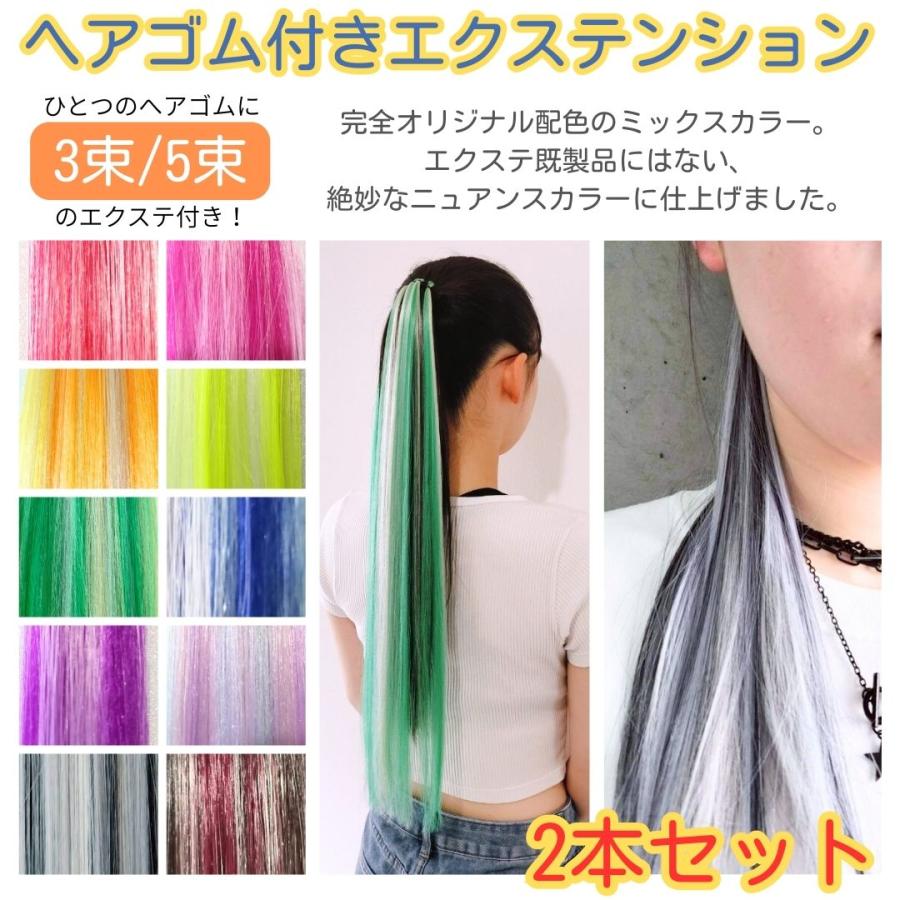 エクステ ゴム付き 2本セット ミックスカラーストレート 5束 3束
