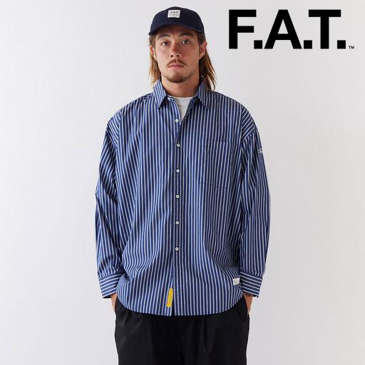 メンズ FAT長袖シャツストライプ柄青×白コットン100%L