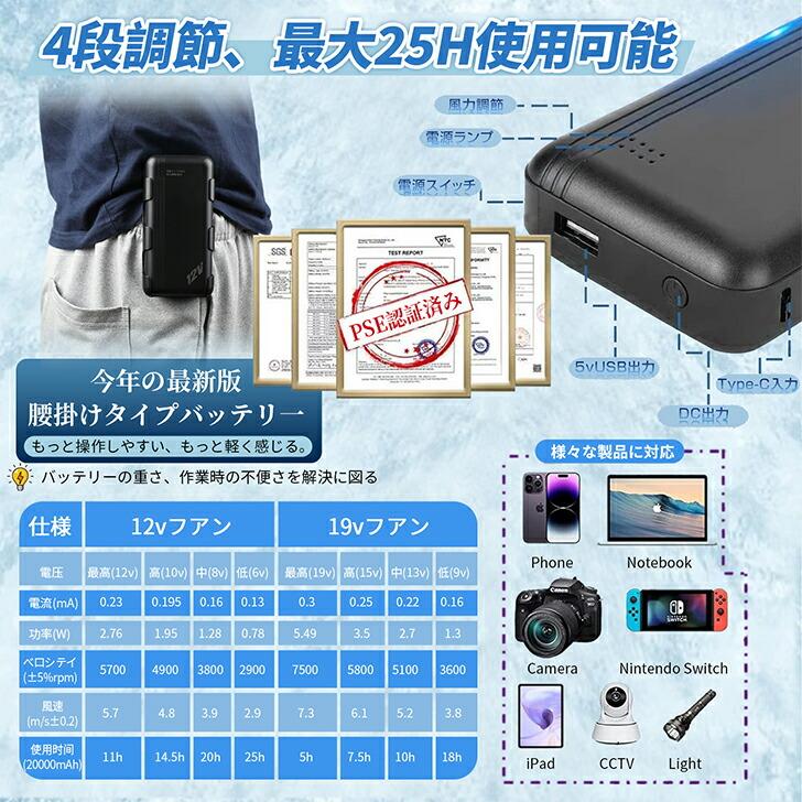 空調服 ファン付き　フルセット 20000mAh 大容量バッテリー 最大30V 空調作業服 ファン付きベスト 20000mAH大容量バッテリー付 ベスト空調