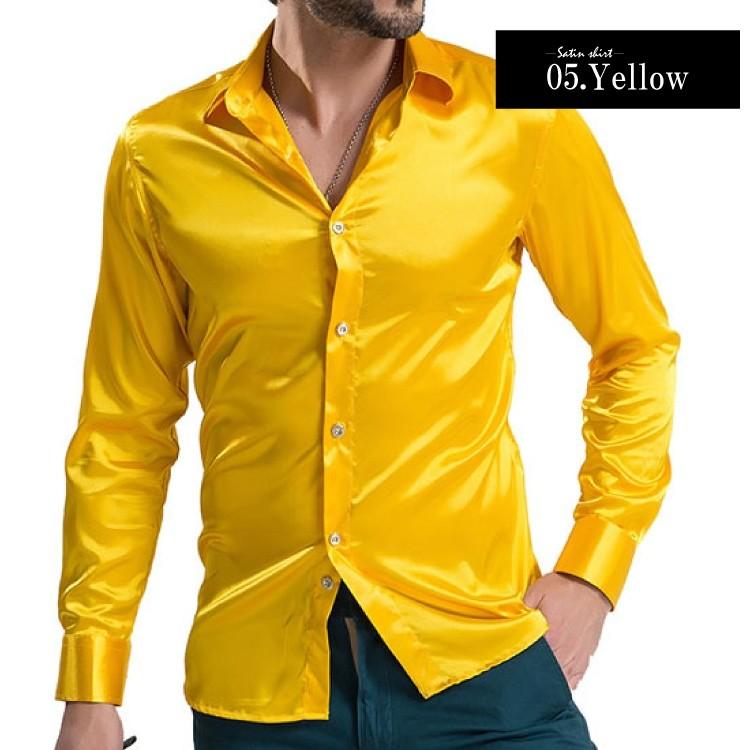 サテンシャツ ドレスシャツ メンズ 長袖 光沢 シャツ ブラウス