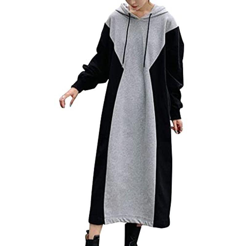 マリアマーファ 裏起毛 バイカラー スウェット フード ロング ワンピース 秋 森ガール 韓国風 原宿 冬 21新作 レディース通学 学生 韓国 春