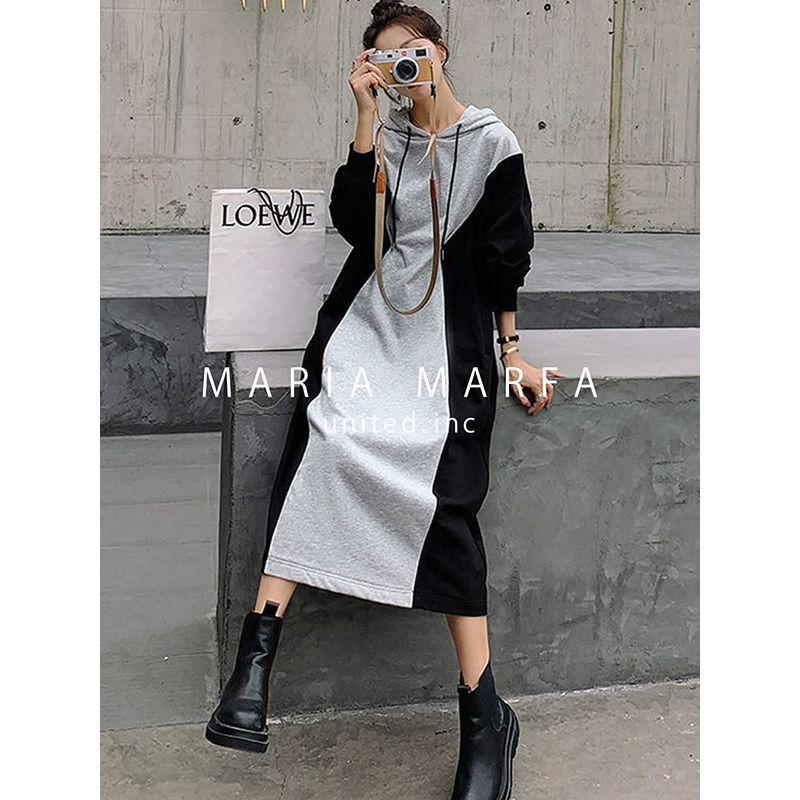 マリアマーファ 裏起毛 バイカラー スウェット フード ロング ワンピース 秋 森ガール 韓国風 原宿 冬 21新作 レディース通学 学生 韓国 春