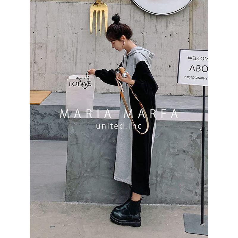 マリアマーファ 裏起毛 バイカラー スウェット フード ロング ワンピース 秋 森ガール 韓国風 原宿 冬 21新作 レディース通学 学生 韓国 春