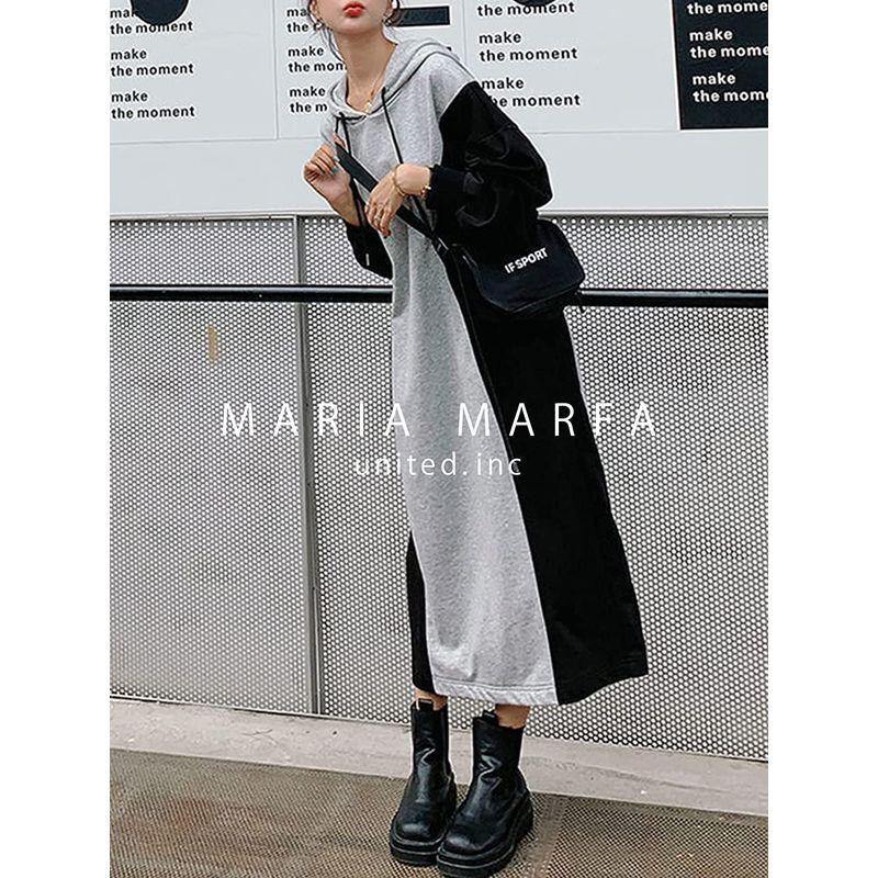 マリアマーファ 裏起毛 バイカラー スウェット フード ロング ワンピース 秋 森ガール 韓国風 原宿 冬 21新作 レディース通学 学生 韓国 春