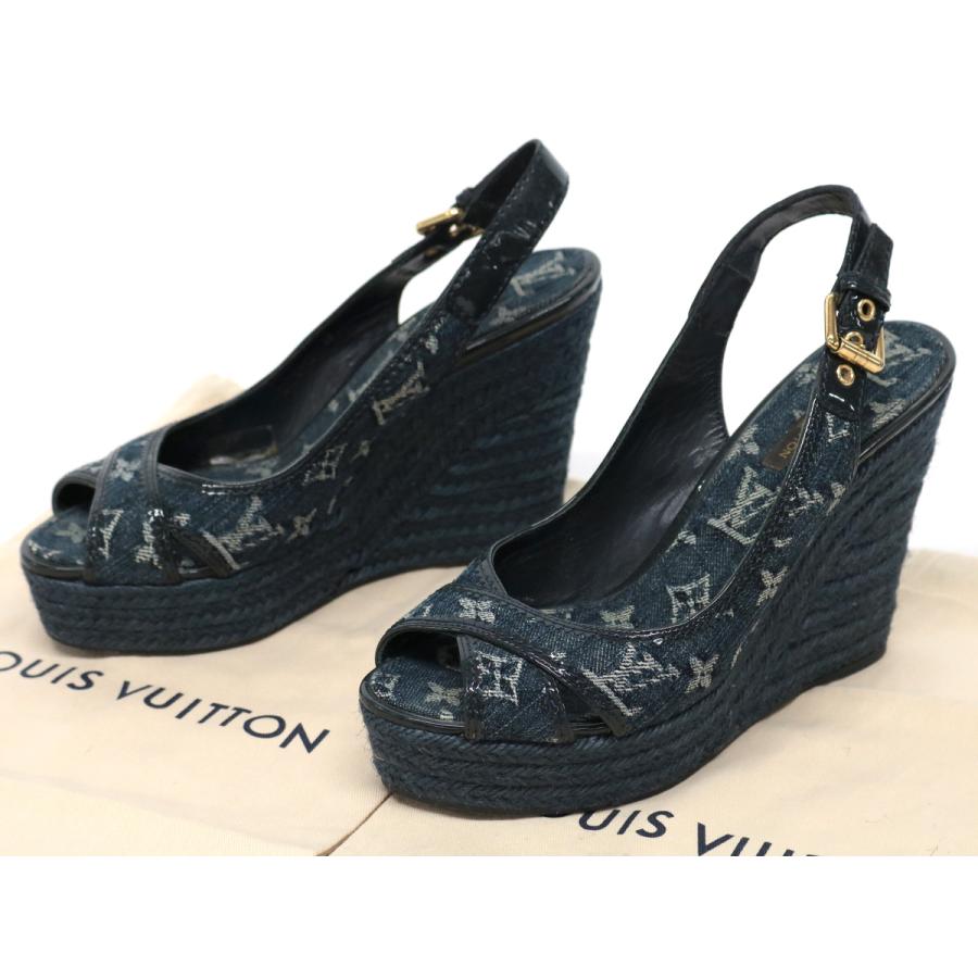 綺麗 Louis Vuitton ルイヴィトン モノグラムデニム ウェッジソールサンダル サイズ38 レディース ネイビー D ファミール 通販 Yahoo ショッピング