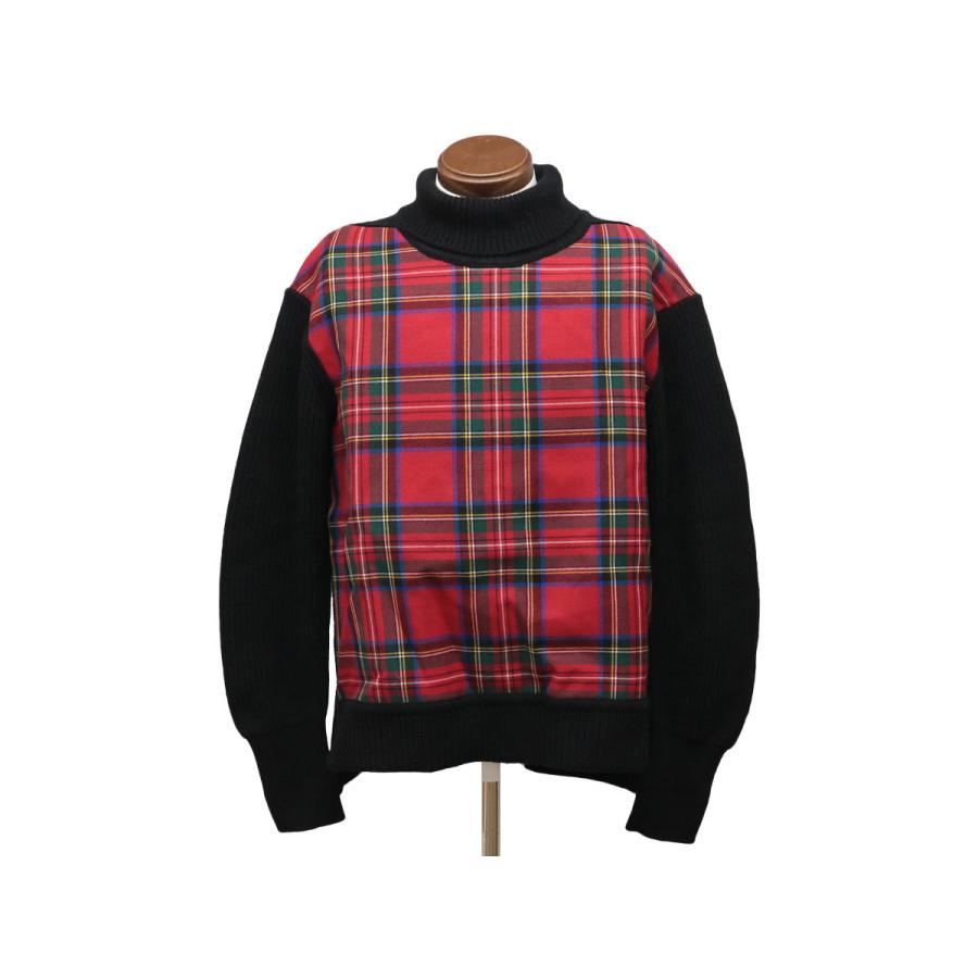 驚きの値段 美品 Burberry バーバリー M ブラック レッド系 トップス ニット セーター タートルネック チェック柄切替 メンズ トップス