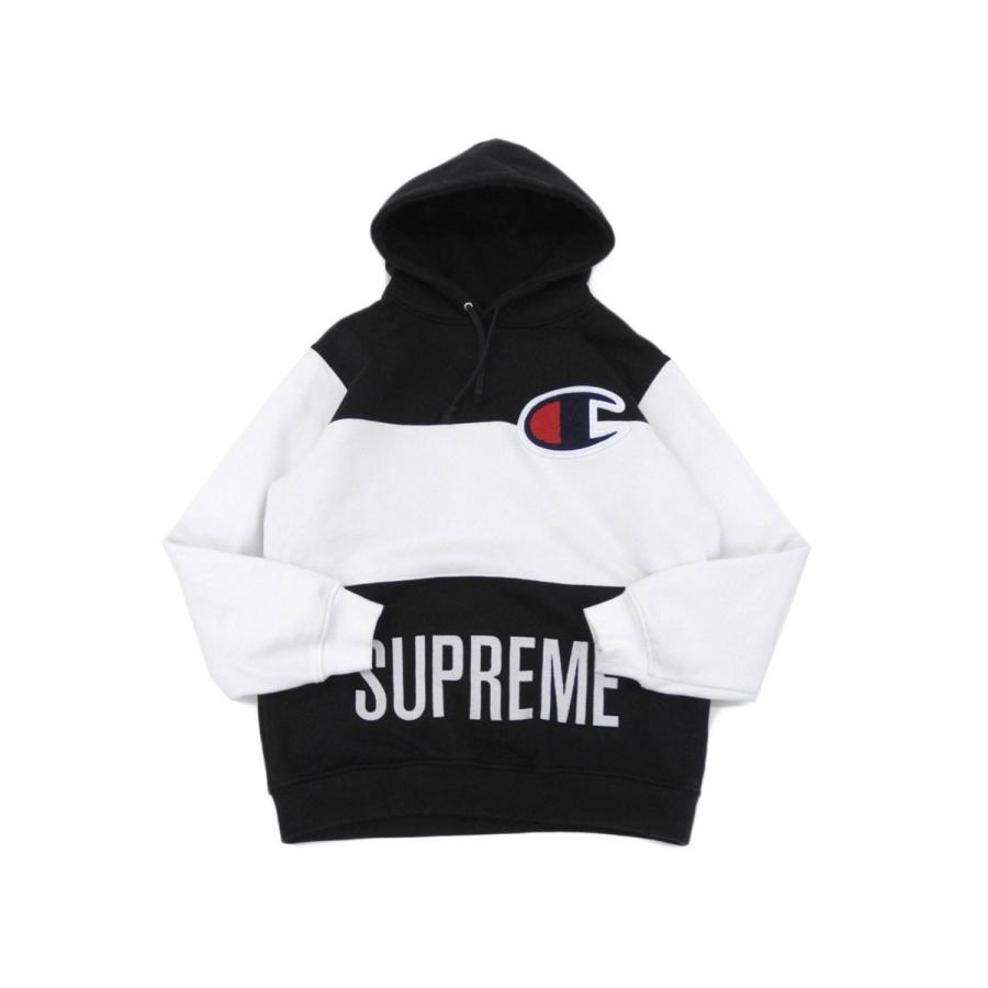 美品 Supreme シュプリーム 14SS Championコラボ カラーブロックド プルオーバー パーカー 白 黒 ブラック チャンピオン