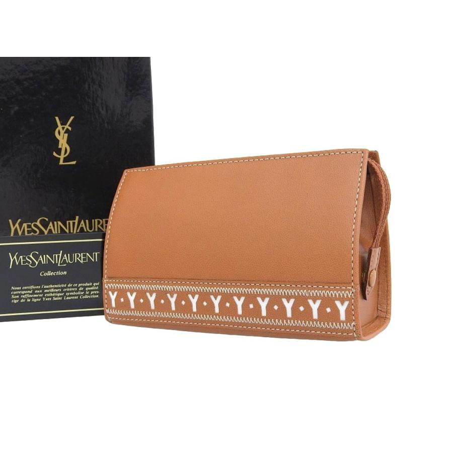 美品 Yves Saint Laurent イヴサンローラン Y型抜き バイカラー ポーチ 小物入れ レザー ブラウン ホワイト Prettyfunnyballoons Com