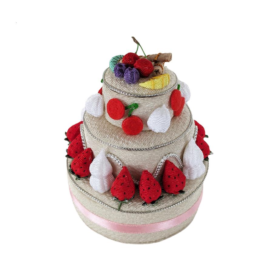 ちりめん細工 フルーツいっぱいの丸いデコレーションケーキ3段小物入れ